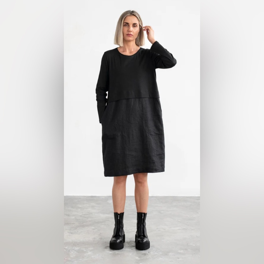 MagicLinen Black Cotton Linen Mixed Media Long Sleeve Pocket Shift Dress Medium‎